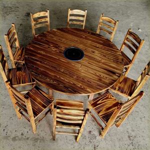 碳化木农家乐饭店面馆电池炉一体实木大排档复古大小圆餐桌椅组合