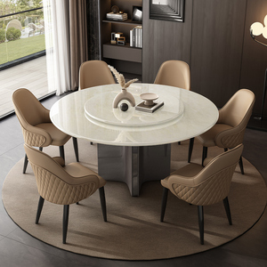 天然白冰玉奢石餐桌椅组合高级感别墅玉晶石大理石圆形餐桌带转盘