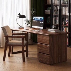 楠运胡桃木实木书桌带边柜电脑桌简约现代办公桌家用书柜组合桌椅