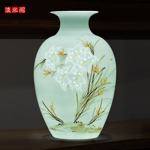景德镇陶瓷花瓶摆件轻奢高档手绘薄胎半刀泥新中式客厅玄关装饰品