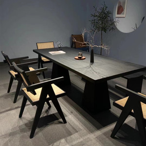 侘寂风黑色中古风实木餐桌简约泡茶桌家用新中式原木长方形洽谈桌