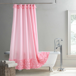 黛世欧式潮流时尚环保粉色涤纶布加厚防水洗澡间手工花边隔断浴帘