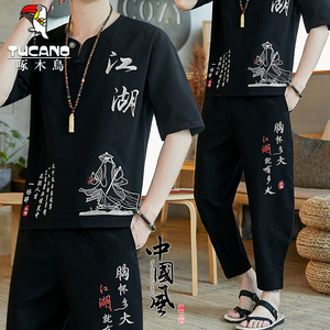 啄木鸟夏季大码宽松棉麻刺绣套装男中国风绣花短袖t恤衣服两件套
