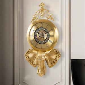 黄铜大象别墅壁挂欧式轻奢客厅钟表家用玄关挂钟艺术美式个性时钟