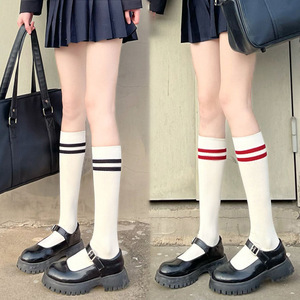 二杠小腿袜女韩国学院风及膝袜子春夏日系纯棉中高筒半截堆堆长袜