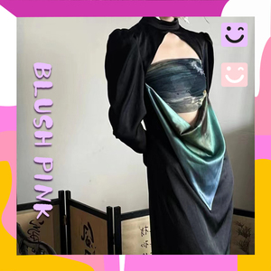 BlushPink|新中式晕染油墨画印花抹胸气质女装高级感连衣裙设计感