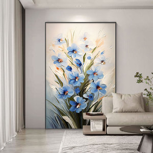 北欧风蓝色花卉手绘沙发背景墙落地画大芬村油画简约客厅过道挂画