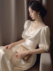 正品maje夏季2024新款女装名媛减龄时尚泡泡袖白色长裙显瘦连衣裙