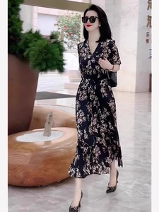 正品maje夏季2024新款女装碎花气质长裙法式复古名媛高级感连衣裙