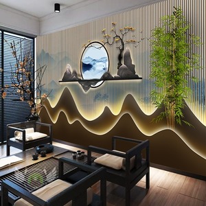3D立体新中式定制墙贴山水电视背景装饰浮雕壁画直播公司茶室壁纸