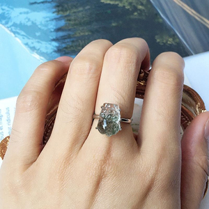 绿幽灵貔貅戒指女银色开口可调节轻奢小众设计食指环水晶戒圈饰品