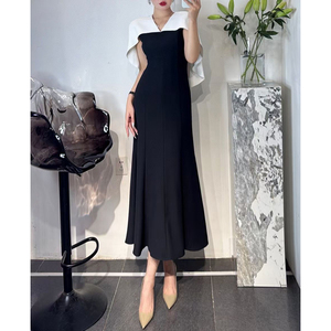 QIUNINA女王范连衣裙设计黑白撞色名媛气质优雅气质修身鱼尾长裙