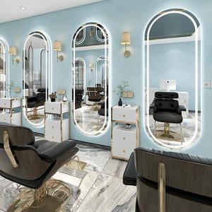 理发店镜子发廊专用网美发店新款简约单面壁挂式带灯剪发镜红镜台