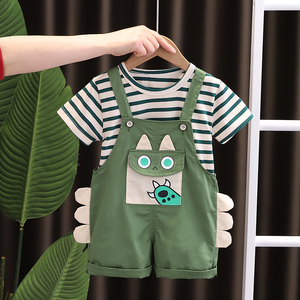 婴儿衣服夏季纯棉短袖男童休闲背带裤套装分体一周岁宝宝超萌夏.