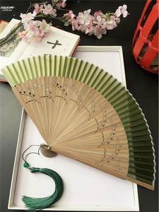 。折叠扇夏天便携可爱古风扇子中国风女草绿色折扇舞蹈汉服折叠旗