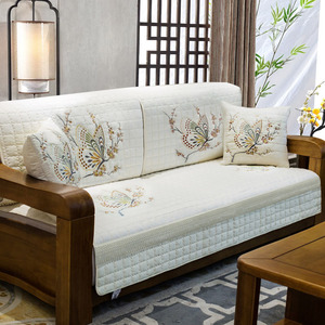 新中式沙发垫套四季通用实木罩巾三人米白色123组合高档刺绣坐垫