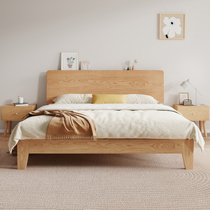 实木床现代简约主卧家用双人床原木风橡胶木床1.5m纯实木单人床架