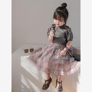 韩范2024年夏季新款女童时髦套装花边拼色短袖洋气tutu裙蛋糕裙两