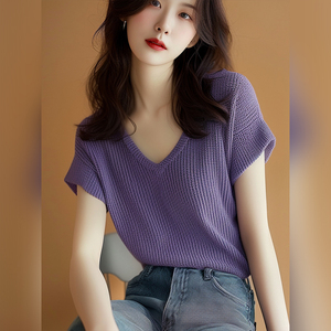 紫罗兰色针织V领短袖T恤法式欧货小衫独特别致绝美上衣女2024夏