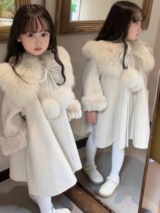 韩版童装女童毛呢外套冬装款儿童洋气斗篷狐狸毛毛领加厚呢子大衣