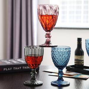 工厂欧式浮雕彩色玻璃红酒杯加厚高脚杯复古葡萄酒杯外贸酒具