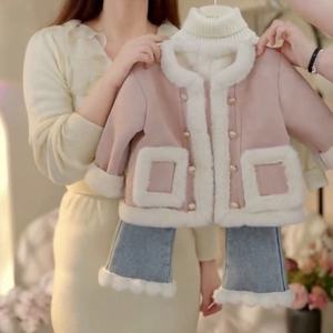 女童秋冬装套装2023新款女宝宝冬季洋气加厚外套加绒牛仔裤两件套