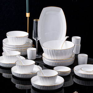 欧式简约风金边碗碟套装家用汤面碗菜盘筷子陶瓷餐具组合2024新款