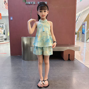 女童夏款套装2024新款儿童夏季衣服女宝宝中国风吊带裤子两件韩系