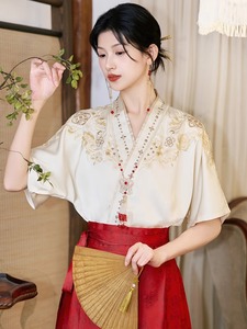轻奢高端新中式国风刺绣交领短袖衬衫夏季马面裙上衣搭配汉服女装