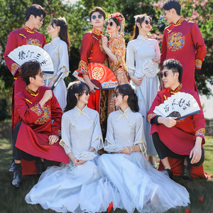 中式婚礼伴娘伴郎服装结婚伴郎团礼服唐装马褂中国风相声大褂搞笑