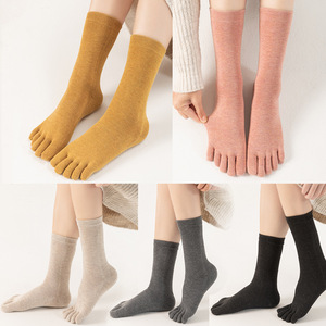 5双装秋冬五指袜女士纯棉中高筒堆堆袜子分脚趾学院风女全棉长筒.