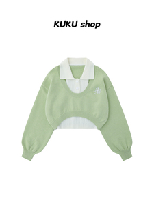 KUKU米米2024春季新款慵懒风假两件毛衣甜美小众设计感针织衫短款
