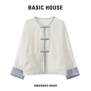 Basic House/百家好2024年夏季新中式盘扣重工刺绣撞色拼接女外套