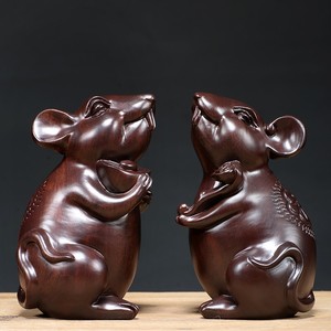 黑檀木雕老鼠摆件一对仿古鼠客厅实木红木工艺品鼠年新年送礼品