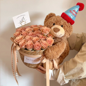 生日小熊抱抱桶花篮卡布奇诺玫瑰花束鲜花速递同城上海全国店配送
