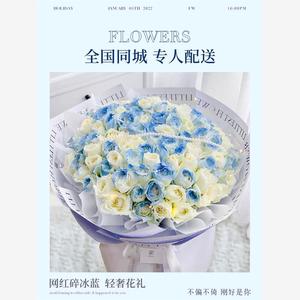 99朵碎冰蓝玫瑰花束生日红玫瑰花送女友鲜花速递同城上海广州配送
