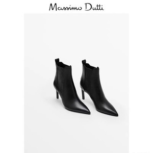 Massimo Duti女鞋2024黑色真皮尖头高跟短靴细跟弹力靴踝靴瘦瘦靴