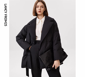 朗姿白鹅绒气质高端商务黑色西装收腰羽绒服外套女设计感冬季新款