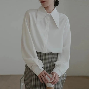韩版白色雪纺大尖领长袖衬衫女早春季设计感上衣气质流行宽松衬衣