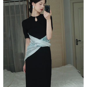 HGNB CLUB暗黑新中式国风原创设计水墨画拼接休闲长款针织连衣裙