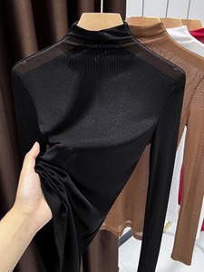 半高领透明修身网纱上衣女士2023秋季新款韩版时尚长袖纱衣打底衫