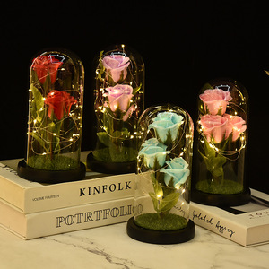 三朵香皂花玻璃罩 仿真花束干花led灯礼品情人节生日保鲜花装饰品