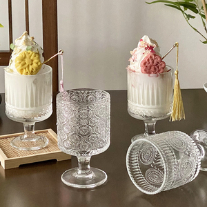 氛围感玻璃杯浮雕高脚杯酸奶杯中式精致竖纹冰淇淋杯甜品杯饮料杯