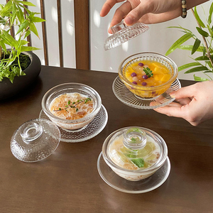 透明玻璃碗带盖耐热燕窝蛊精致小银耳汤碗金边甜品碗中式碗碟套装