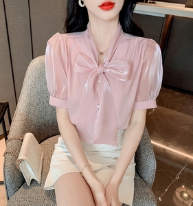 香港TIMO夏季法式气质蝴蝶结泡泡短袖粉色雪纺衬衫女时尚时髦上衣