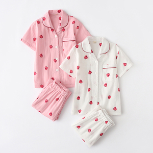 红豆夏季全棉纱布可爱草莓儿童女童短袖亲子睡衣纯棉中大童女孩家