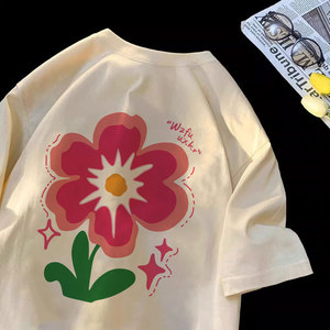 2024夏季新款女童纯棉短袖t恤洋气时髦小红花中大童设计感上衣服