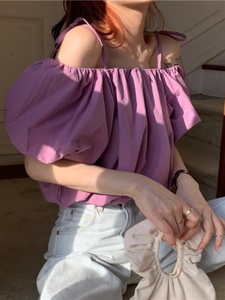 一字肩上衣紫色泡泡袖衬衫女夏季韩风宽松露肩锁骨设计感衬衣小众