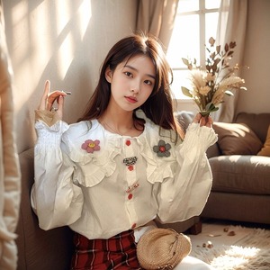 娃娃领甜美韩系衬衫女装秋季2024新款立体花朵设计感别致长袖上衣
