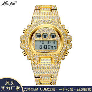 MISSFOX日本镶钻多功能时尚电子表 高档满钻防水男士手表